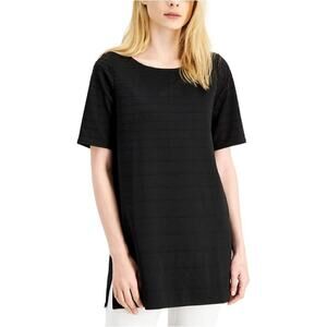 Alfani Womens Ribbed Long Tunic Top Black Short Sleeve Size M